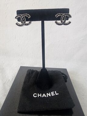 Auth Chanel CC Logo Stud Earrings in Black and Silver